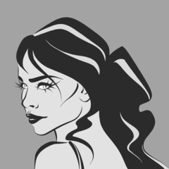 Black and white vector Illustration of a beautiful young woman.