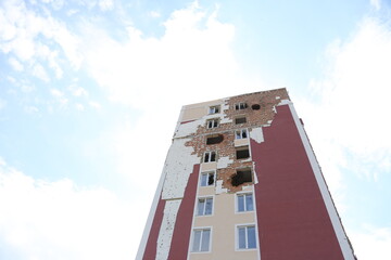 Kiev, Gostomel Ukraine - May 14 2022. Consequences of the destruction by the Russian army in Ukraine. The consequences of the bombing of Ukrainian cities by the Russian army. War in Ukraine.
