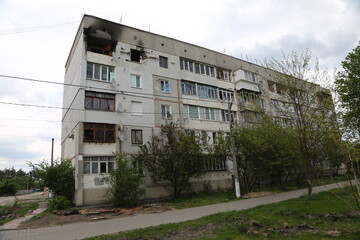Fototapeta na wymiar Kiev, Gostomel Ukraine - May 14 2022. Consequences of the destruction by the Russian army in Ukraine. The consequences of the bombing of Ukrainian cities by the Russian army. War in Ukraine.