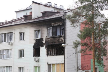 Kiev, Gostomel Ukraine - May 14 2022. Consequences of the destruction by the Russian army in Ukraine. The consequences of the bombing of Ukrainian cities by the Russian army. War in Ukraine.