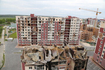 Kiev, Gostomel Ukraine - May 14 2022. Consequences of the destruction by the Russian army in Ukraine. The consequences of the bombing of Ukrainian cities by the Russian army. War in Ukraine.