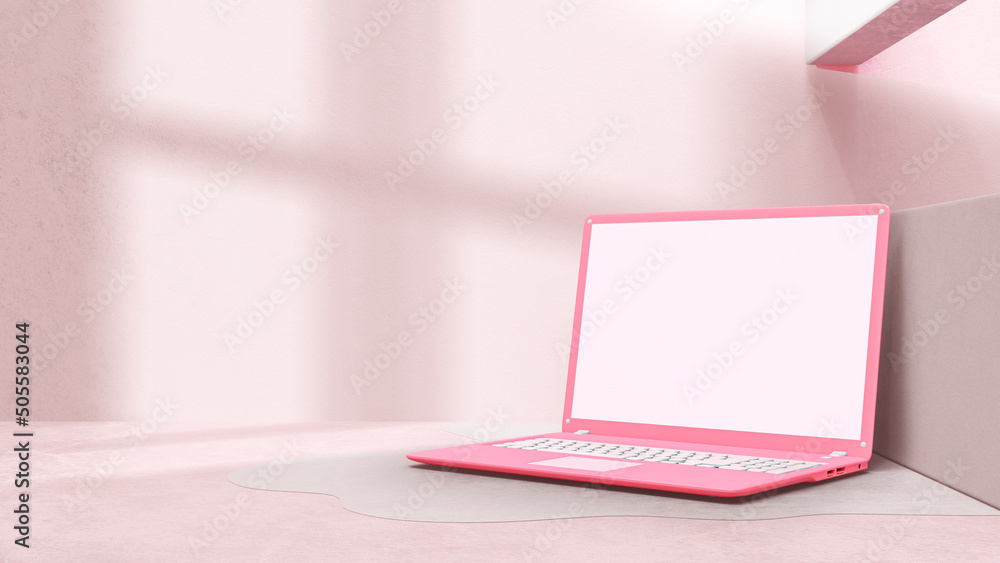 Poster pink laptop with decoration minimal. shadow from tree and window on cement floor. mock-up computer a
