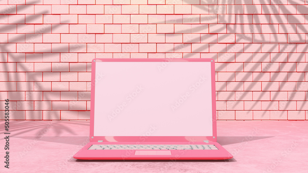 Aufkleber pink laptop with decoration minimal. shadow from tree and window on brick wall. mock-up computer and