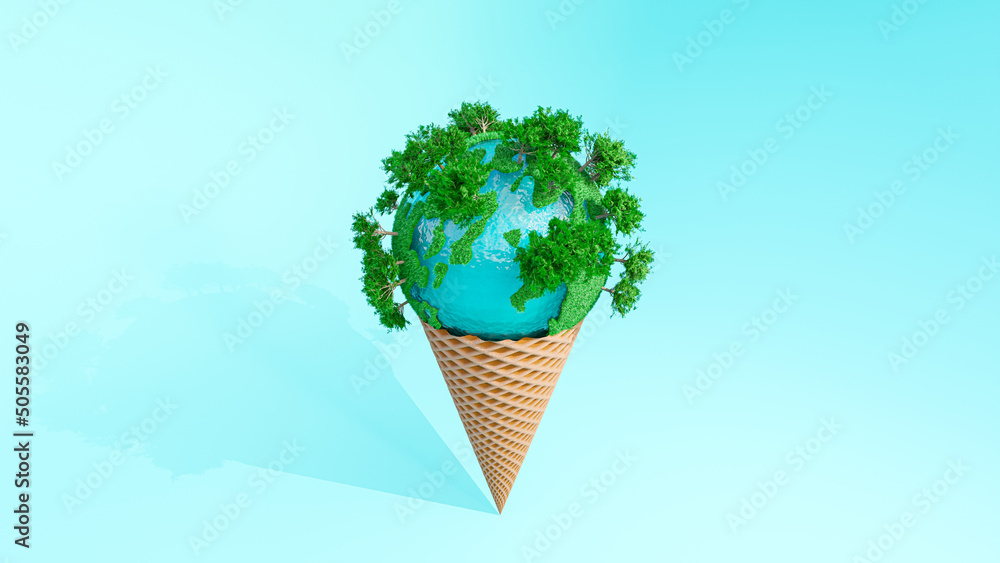 Poster globe full of grass on ice cream cone. on blue background. global warming and minimal idea concept. 