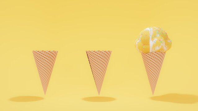 yellow ice cream cone on yellow background. Minimal idea concept, 3D Render.