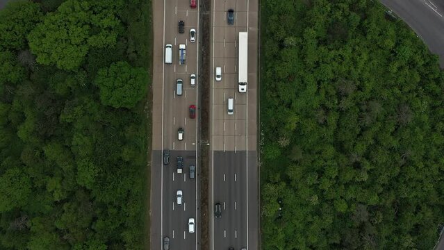 Aerial view for busy motorway , birdseye view busy cars and roads,traffic , junction 10 , m25