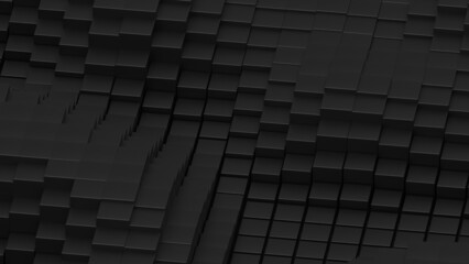 Abstract background with waves made of a lot of black cubes geometry primitive forms that goes up and down under black-white lighting. 3D illustration. 3D CG. High resolution.