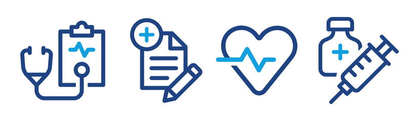 Medical process banner. Set icon of stethoscope, diagnose report, heartbeat pulse and medicine injection vector in outline design.