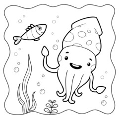 Squid black and white. Coloring book or Coloring page for kids. Marine background