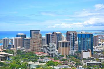 View from Punchbowl Memorial overlooking the condos and office buildings of downtown Honolulu on...