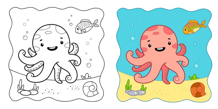 Marine Background. Coloring Book Or Coloring Page For Kids. Octopus Vector Clipart