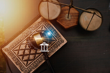 Justice and law concept.Male judge in a courtroom with the gavel, working with, computer and...