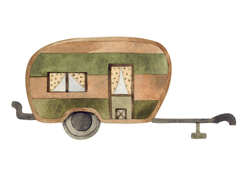 Watercolor Camper In Retro Style In Orange And Green Colors