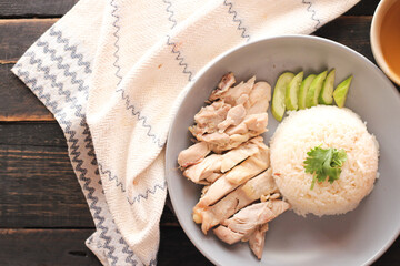 Hainanese chicken rice or rice steamed with chicken, soup