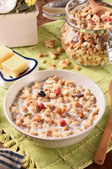 Fruit granola with milk in a bowl 