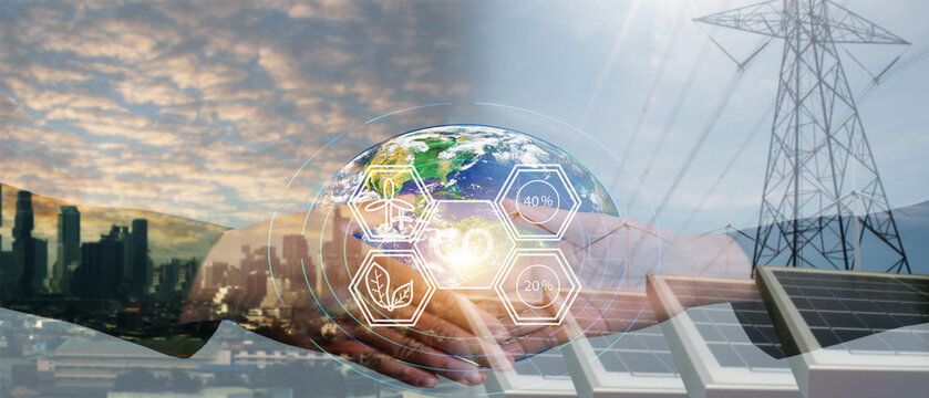 Double exposure Business people. Energy-saving collaboration, alternative energy use  changing world,  concept of green energy and eco power reduce CO2 emission.solar and wind .