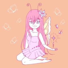 vector illustration with cute cartoon girl, card