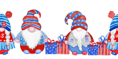 Watercolor seamless hand drawn horizontal border with 4th of July gnomes, Forth of july patriotic American design with nordic gnomes in blue red white hats balloons gifts. US celebration print. - obrazy, fototapety, plakaty