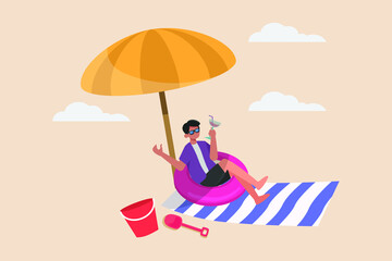 Happy Young boy drinking and sitting on beach chair under umbrella . Summer Party. Flat vector illustration isolated.