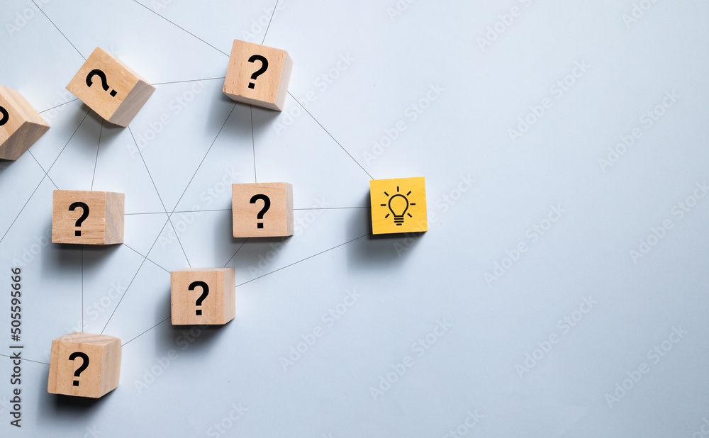 Poster Top view wooden blocks with light bulb from the row. Concept for creative and design solution.