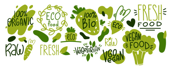 Vector set of Vegetarian Labels in Flat Style. Hand Writing Lettering about vegan and vegetarian. Stylised Vegetables. Use for stickers, icon, design, print