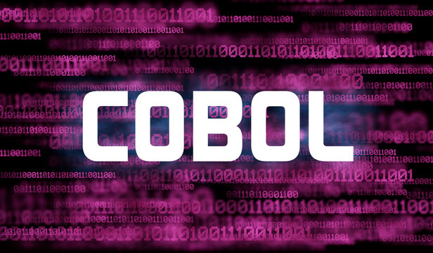 Word COBOL and abstract cyberspace with binary code on dark background.  Cobol programming language.