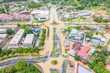 Aerial view of flooding In Penampang Town. The flood cause property damage, access cut,school...