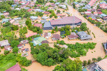 Aerial view of flooding In Penampang Town. The flood cause property damage, access cut,school...