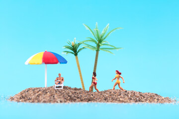 miniature scene beautiful beach vacation life - obrazy, fototapety, plakaty