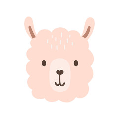 Cute portrait llama head in scandinavian style. Drawing baby alpaca face isolated on white background. Vector sweet alpaca for kids poster and card.