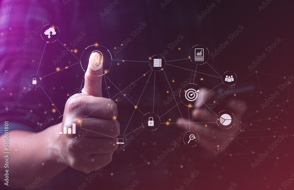 Poster fingerprint technology, big data encryption, cloud data for achievement objectives target concept. e