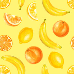 Juicy fruits seamless pattern. Bright summer design in a watercolor style.