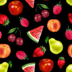 Juicy fruits seamless pattern. Bright summer design in a watercolor style.
