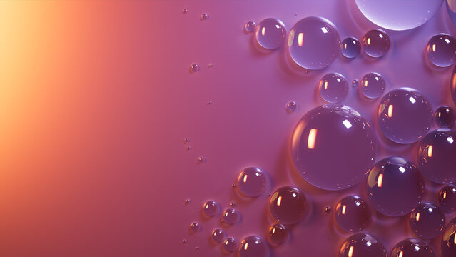 Orange and Violet Background with Liquid Drops on Surface. Modern Wallpaper with Copy-Space.