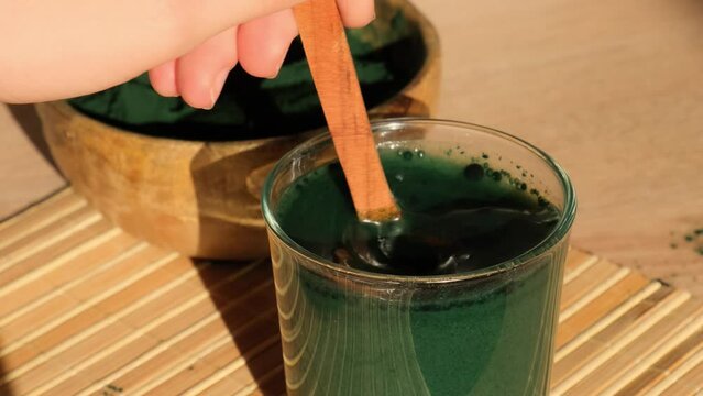 Blue-green algae Chlorella and spirulina powder add to drink, dietary supplement for Vegan, Vegetarian or Plant based diet multivitamins B12, Super powder. Food supplement source of protein and beta