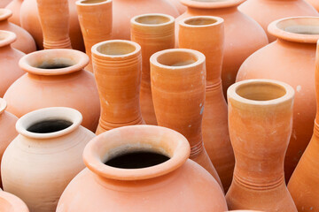 KOLKATA, WEST BENGAL , INDIA - NOVEMBER 23RD 2014 : terracotta pots, artworks of handicraft, on...