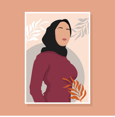 abstract portraits women in headscarf muslim faceless female. minimalist vector illustration with leaves, flowers, geometric organic shapes. Modern minimal print vector.