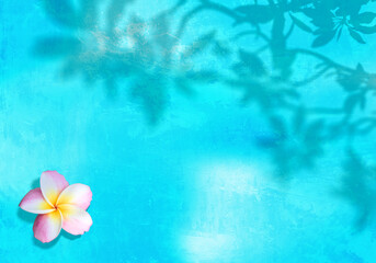 Obraz na płótnie Canvas 涼しげなトロピカルブルーの背景と、プルメリアの花葉シルエット