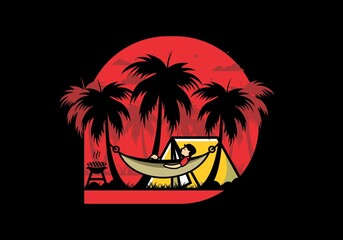 Tent and hammock with coconut trees illustration