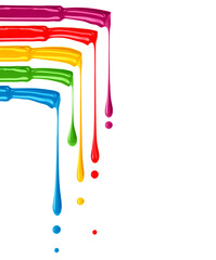 Colored brushes with stretched drops close-up isolated on a white background