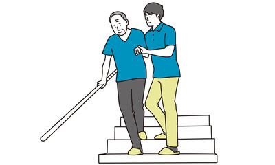 介助付きで階段を降りる高齢者	
