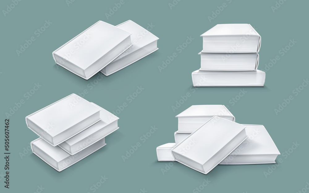 Poster template of stack blank paper book with white cover. vector realistic mock up of 3d lying closed cat