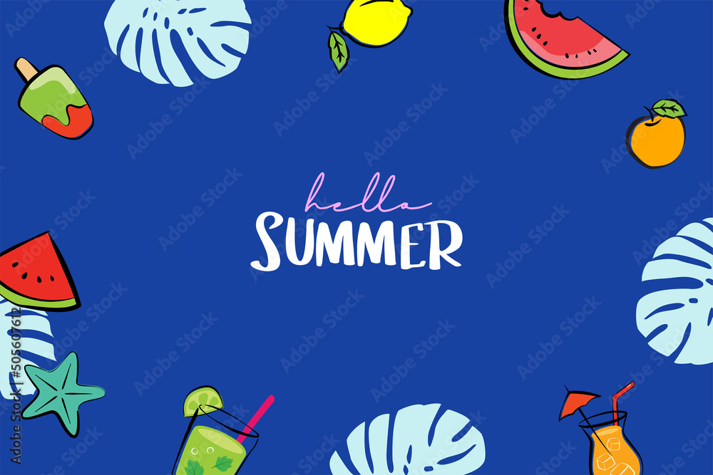 Poster hello summer banners design hand drawn style. summer with doodles and objects elements for beach par