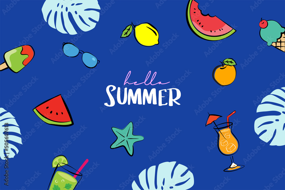 Poster hello summer banners design hand drawn style. summer with doodles and objects elements for beach par