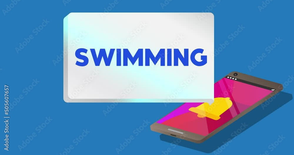 Poster swimming text on notification bubble from portable information device screen. mobile app message, co
