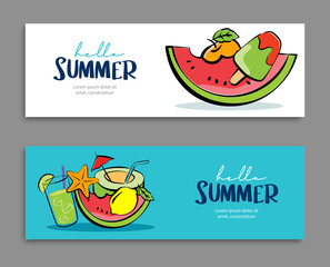 Hello summer banners design hand drawn style. Summer with doodles and objects elements for beach party background.