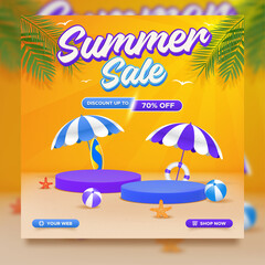 Fototapeta na wymiar Summer sale promo seasonal with product display square banner template
