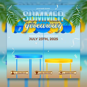 Summer giveaway banner template with product display between umbrella on beach background