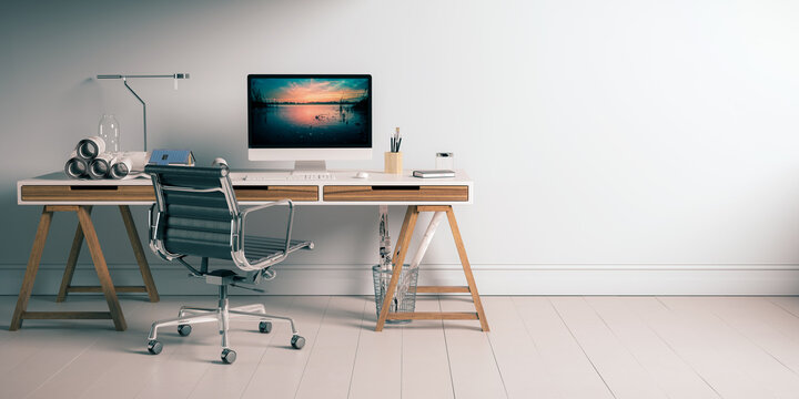 Modern Office Working Desk With Wall Mock Up - Copy Space Background (3D Visualization)