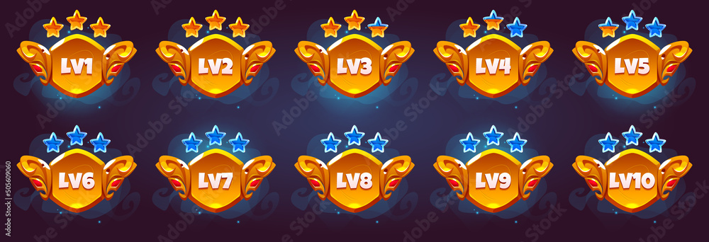 Poster game golden badges of level number with rating stars isolated on background. vector cartoon icons se